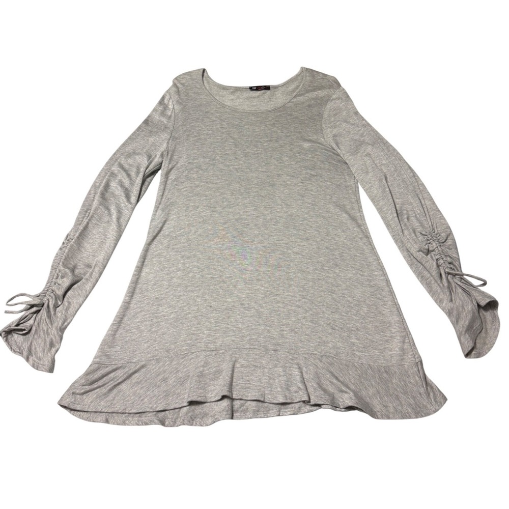 Vtg Vision USA Ruffle Hem Tunic Top Ruched Tie Sleeve Gray Knit Womens L Soft